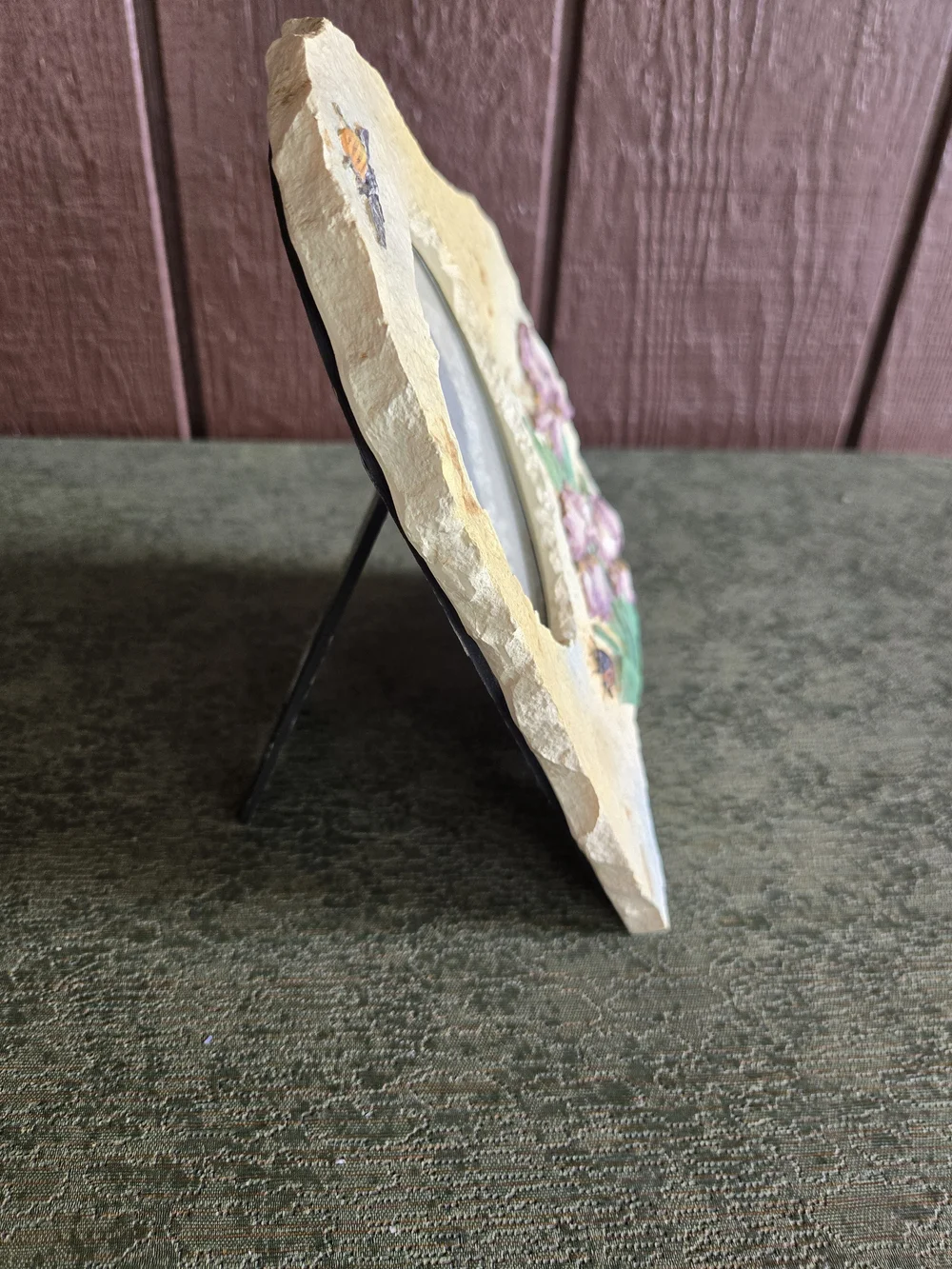 Floral Faux Stone Photo Frame with Purple Iris, Bee & Ladybug